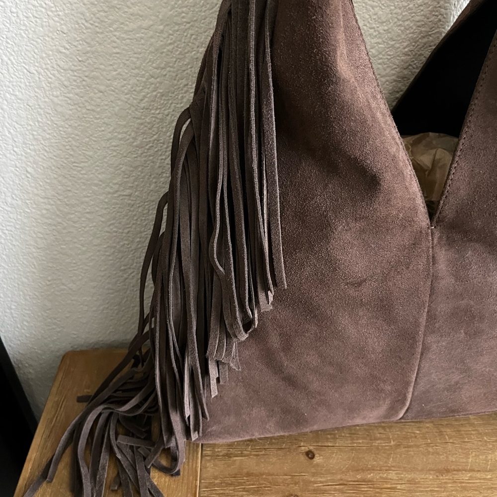 Divina Firenze Italian Leather Fringe Tassel Shoulder Hobo Bag - Brown - Picture 3 of 7